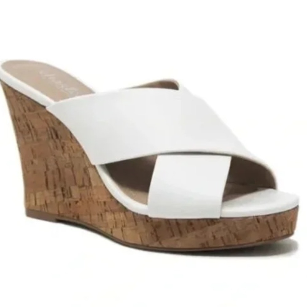 Charlies White Cross-Strap Cork Wedges